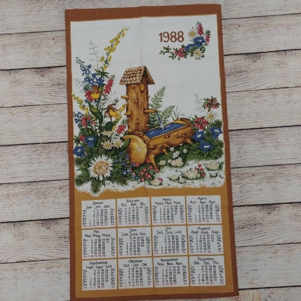 Vintage 1988 Floral Calendar‎ Tapestry Water Fountain Flowers Cotton Tea Towel